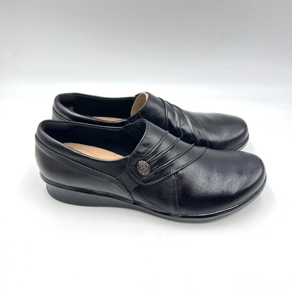 8N 8 NARROW WIDTH Clarks Hope Roxanne Black Leather Loafers‎ Comfort Shoes - Picture 1 of 12
